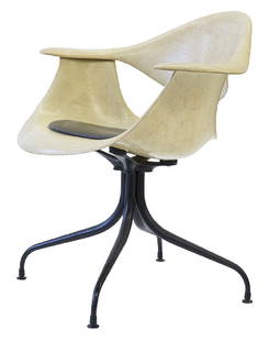 George Nelson & Associates Swaged Leg Chairs: Swaged leg chairs, pair. Model MAF, Herman Miller, USA, 1954. Fiberglass, enameled aluminum, plastic. 28 1/2w x 22d x 31 1/2h. Signed with applied manufacturer's label to underside [Herman Miller