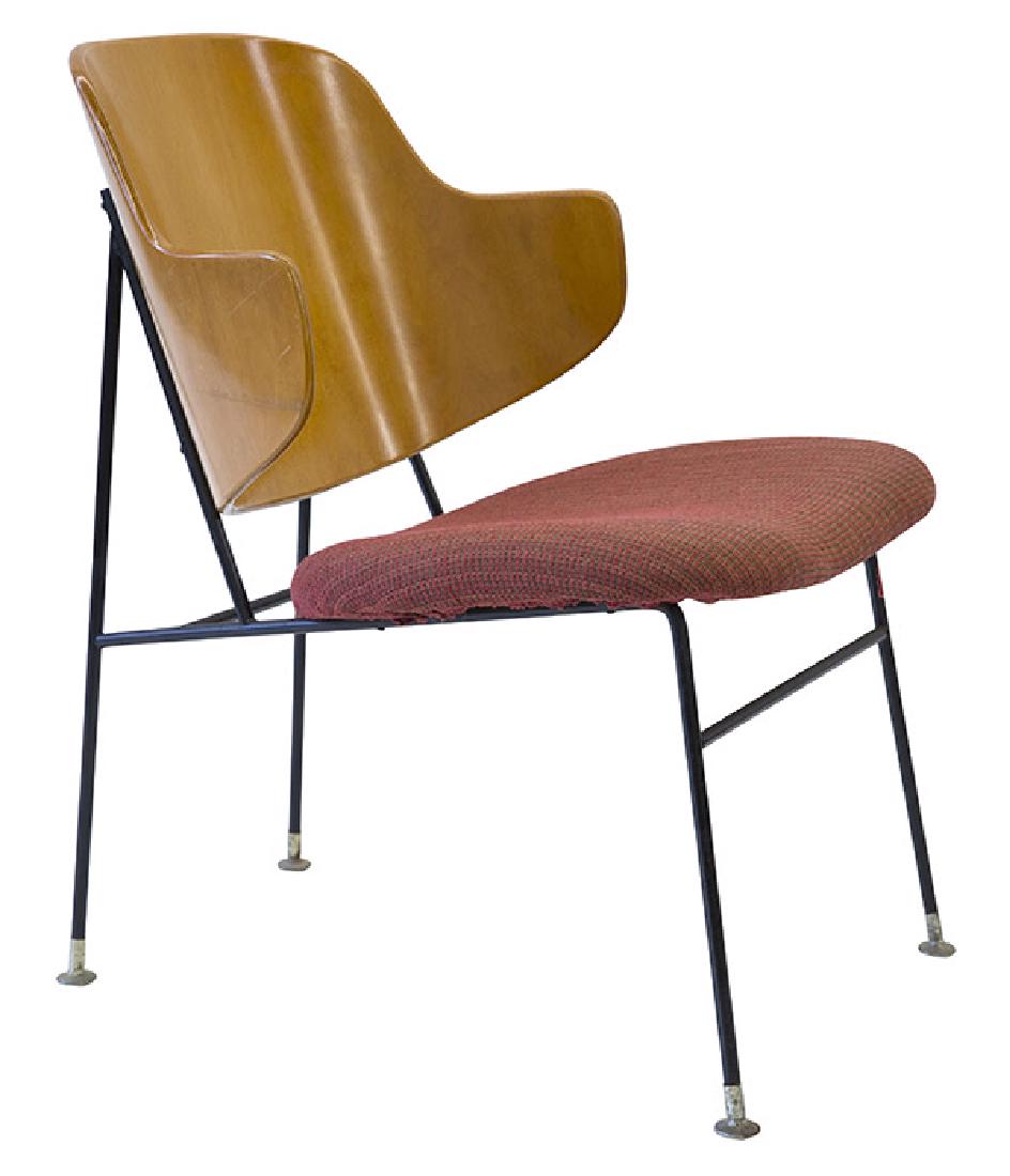 Ib Kofod Larsen Penguin Chair: Lounge chair, Denmark, 1952. Birch upholstery, enameled metal. 22w x 25d x 29 1/2 (seat height 16).