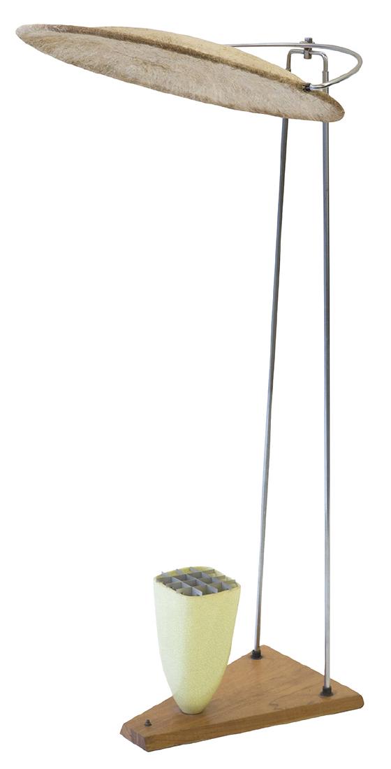 Mitchell Bobrick Controlight: Floor lamp. "Controlight", USA, 1949. Chrome-plated steel, fiberglass, glazed ceramic, birch, enameled aluminum. 27 1/2w x 24d x 57h. Signed with decal manufacturer's label to socket; [Controlight Los