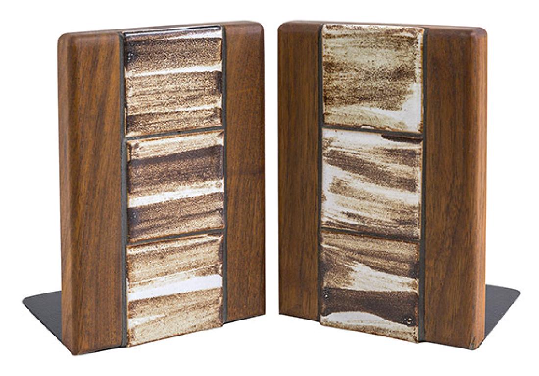 Jane and Gordon Martz Bookends: Bookends. Marshall Studios. 1950's. Cermaic tile, walnut, metal. 5w x 4 1/4d x 7 1/2h.