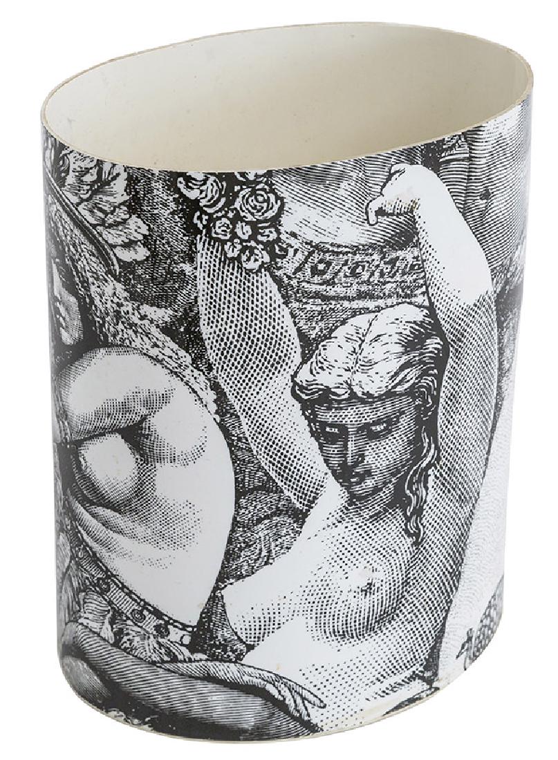 Piero Fornasetti (Attribution) Waste Can: Italian waste can. 1960's. Lithograph transferred to plastic. 9 1/4w x 6 1/4d x 11 1/4h.