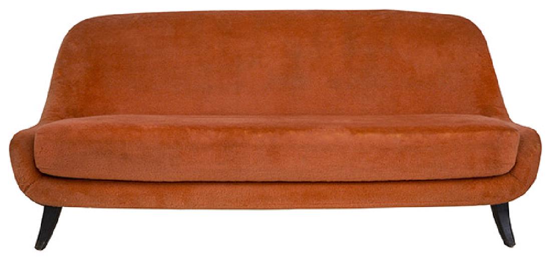 Mid Century Italian Sofa: Sofa. 1950's, Italy. Designer and manufacturer unknown. Mohair, lacquered walnut. 68 1/2w x 33 1/2d x 30h.