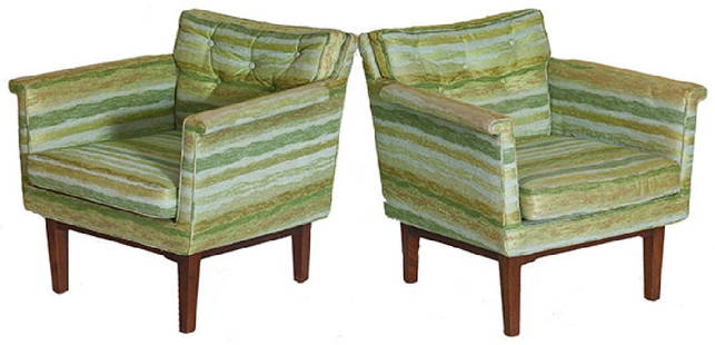 Edward Wormley Lounge Chairs: Lounge chairs, pair. Dunbar. 1960's. Manufacturer's mark in ticking. Original upholstery, mahogany. 30w x 29d x 28h.