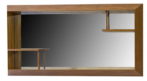 Rare Edward Wormley (Attribution) Hanging Shadow Box: Angular shadow box. Dunbar, 1950. Mahogany, mirrored glass. Mirror and back have been replaced. 67 3/4w x 7 1/2d x 32 1/2h.