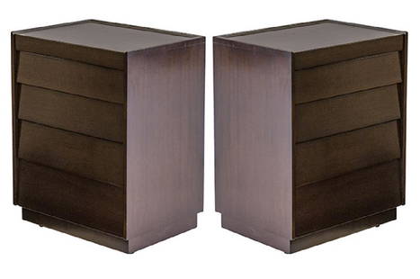 Edward Wormley Cabinets: Bedside stands, pair. Dunbar. Five drawers. Top jewlery drawer. Mahogany. 22w x 17d x 30h.