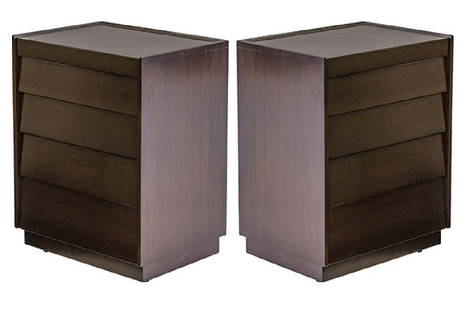 Edward Wormley Cabinets: Bedside stands, pair. Dunbar. Five drawers. Top jewlery drawer. Mahogany. 22w x 17d x 30h.