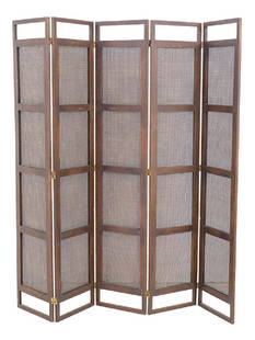 Edward Wormley (Attribution) Room Divider: Five panel screen. Dunbar type case. 1950's. Walnut, cane. One panel; 16w x 3/4d x 80 1/2h, 80w x 3/4d x 80 1/2h, depth closed; 4 1/2.