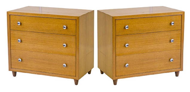 Edward Wormley Bedside Chests: Chests, pair. Dunbar. Late 1940's. Mahogany, chrome plated metal. Cabinets featuring 3 drawers.36w x 20d x 32 1/4h.