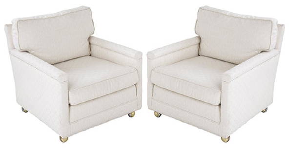 Edward Wormley Lounge Chairs: Lounge chairs, pair. Dunbar. 1950's. Upholstery and brass. 28w x 30d x 27h.