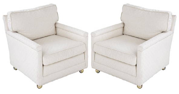 Edward Wormley Lounge Chairs: Lounge chairs, pair. Dunbar. 1950's. Upholstery and brass. 28w x 30d x 27h.