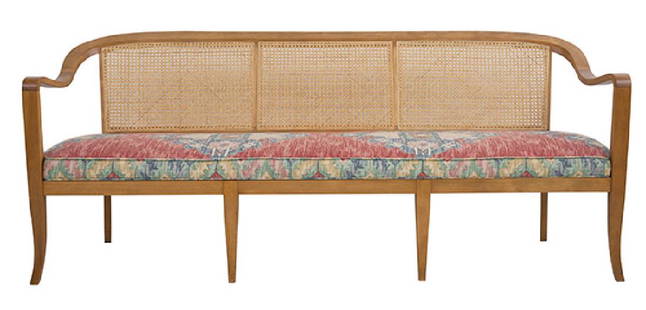 In the Manner of Edward Wormley Sofa: Rare sofa/bench. Dunbar, 1950's. Mahogany and cane. 72 1/2w x 24d x 30 1/2h.