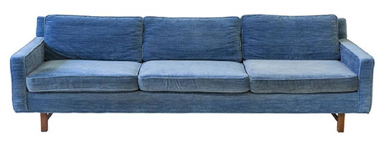 Edward Wormley (Attribution) Sofa: Loose cushion sofa. Purchased in Berne, Indiana, 1950's. Upholstery, walnut. 98w x 36w x 27 1/2h.