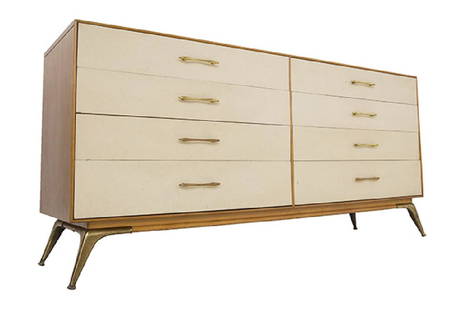 Eliel Saarinen (Attribution) Dresser: Dressers, pair. RWAY. 1950's. Walnut, lacquered wood, brass. Manufacturer's mark to drawer. 67w x 18 1/2d x 32h.