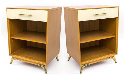 Eliel Saarinen (Attribution) Nightstands: Nightstands, pair. RWAY. Manufacturer's mark to drawer. Mahogany, brass, lacquered mahogany. 19 3/4w x 15 1/2d x 27 1/4h.