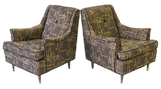 Karpen of California Lounge Chairs: Lounge chairs, pair. 1950's. Walnut, brass, upholstery. 29w x 33d x 32 1/2h (seat height 17 1/2).