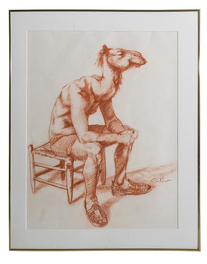Steven Geddes (20th/21st Century) Pencil Drawing: Colored pencil on paper. A human figure with a detail camel neck and head. Signed lower right. 25 3/4 x 21 sight.