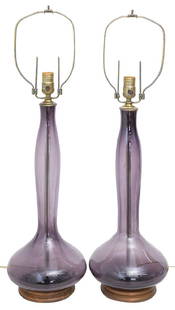 Blenko Lamps: Tall purple lamps, pair. Blenko Glass Company. Brass, Blenko, and original walnut bases. 9 dia x 30 1/2 (without finial).