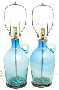 Rare Blenko Jug Lamps: Blue/Green lamps, pair. Blenko Glass Company. Brass, Blenko, and original walnut bases.