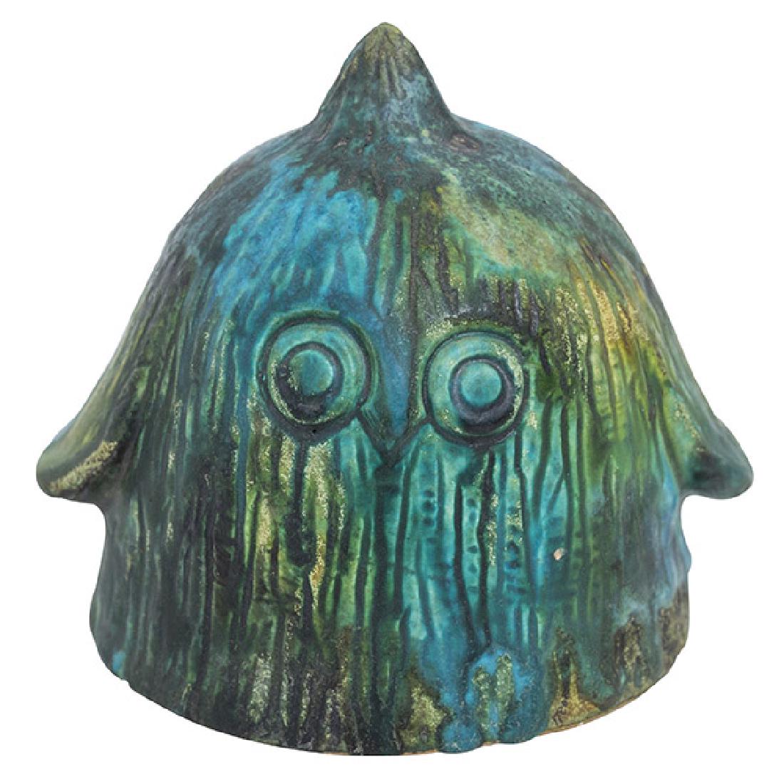 Alvino Bagni Owl Bank: Glazed ceramic bank. Sea Garden Owl, Raymor. Italy, 1960's. Manufacturer's label to underside; Raymor, 2072 A BAG. 5 dia x 4 1/2h.