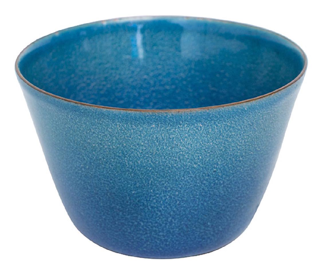 Jade Snow Wong Enamel Bowl: Enameled copper bowl. Beautiful blue-green color. Singed to underside; San Francisco, W-64. 5 1/2 dia x 3 1/2h.