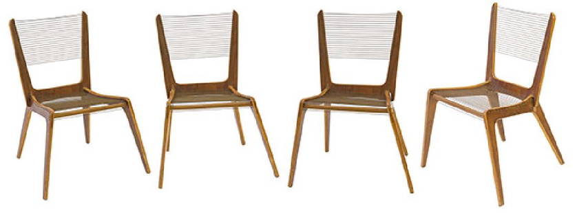 Jacques Guillon Cord Chairs: Cord chairs, set of four, Jacques S. Guillon Associates, Ltd. Canada, 1950's. Laminated Walnut, original Nylon Parachute cord. 22w x 22 1/2d x 32 1/2h.