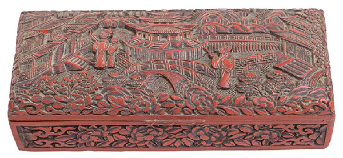 Signed Chinese Carved Cinnabar Lacquered Box (1 of 7)