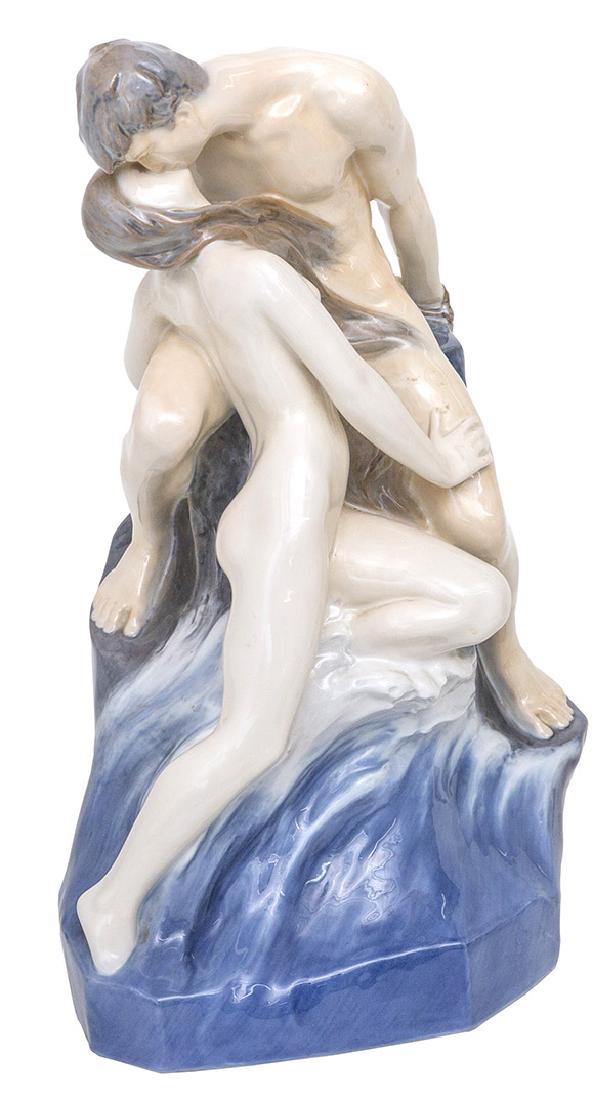 Johan Theodor Lundberg Royal Copenhagen 1132: Glazed porcelain figural scultpure on rock. Denmark maunfactuer's and impressed marks. 12w x 10d x 18h.