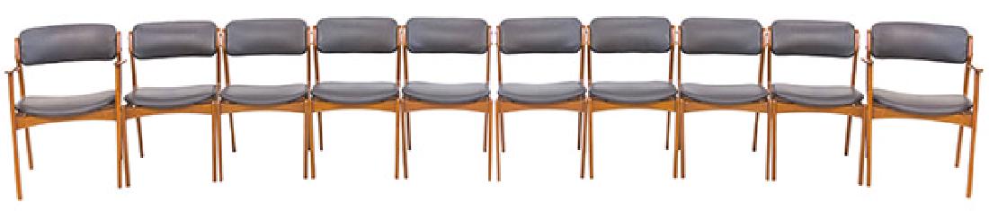 Erik Buck Dining Chair Model 49: Dining chairs, set on ten. Oddense Maskinsnedkeri. Denmark, 1960's. Teak and leather. 19 1/2w x 21 1/2d x 31h.