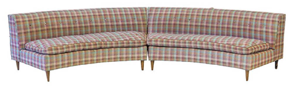 Danish Curved Sectional Sofa: Outstanding two piece sectional. Denmark, 1950's. Designer unknown. Upholstery and wood. 138 1/2w x 50d x 28 3/4h, individual piece; 73 3/4w x 34d x 28 3/4h.