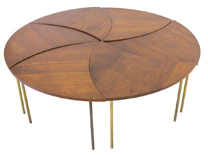 Peter Hvidt Tables Model 523: Side/coffee tables. Set of 6. France and Son. Denmark, 1952. Teak and brass. Manufacturer's mark to underside. John Stuart button. 25 1/2w x 21d x 17 1/4h.