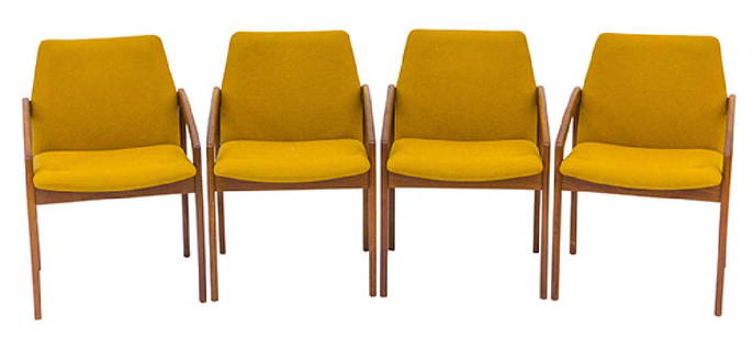 Kai Kristiansen Dining Chairs: Dining chairs, set of 4. Denmark, 1950's. Teak and upholstery. 21w x 22d x 31h.