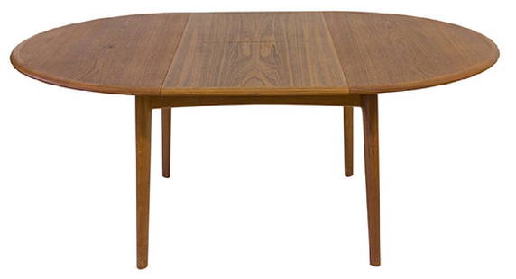 Kai Kristiansen Dining Table: Dining table with one twenty-three inch self storing leaf. Denmark. Closed; 48 dia x 28 1/2h, open; 71w x 48d x 28 1/2h.