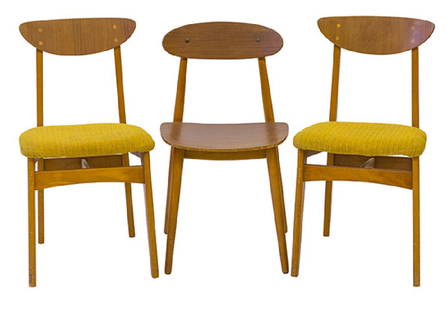 Swedish Chairs: Side chairs, pair and single. 1950's. Teak, beech, and upholstery. 16 1/2w x 18 1/2d x 30 1/2h.