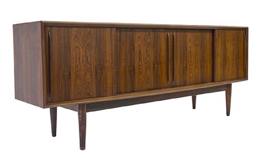 Ib Kofod Larsen Credenza: Rare bow-front credenza. Faarup Mobelfabrik. Denmark, 1950's. Rosewood. Two doors, four drawers. 78 3/4w x 20 3/4d x 31 1/2h.