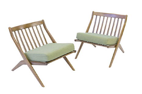 Folke Ohlsson "Scissor" Lounge Chairs: Lounge chairs, pair. Sweden, 1960. Teak and upholstery. 25w x 33 3/4d x 27 1/2h.