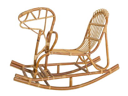 Scandinavian rocking Horse: Rocking horse. Denmark, 1960's. Rattan and beech. 14 3/4w x 35d x 26h.