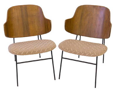 Ib Kofod Larsen Penguin Chairs: Lounge chairs, pair. Selig. Denmark, 1950's. Walnut, iron, and upholstery. 21w x 23d x 32h.