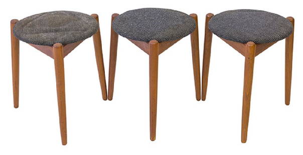 Hans Olsen (Attribution) Stacking Stools: Stacking stools, set of three. Teak and upholstery. 16 1/2 dia x 18h.