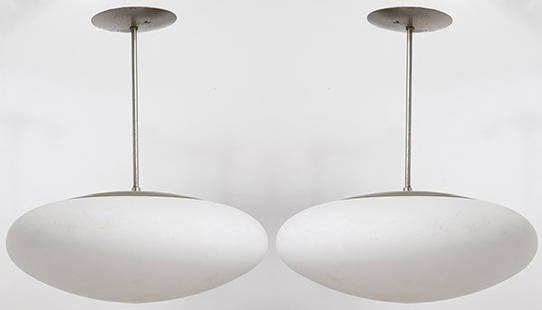 Scandinavian Glass Globe Lights: Hanging globe light, pair, 1960. Frosted glass, brass plated metal. 17 dia x 19h.