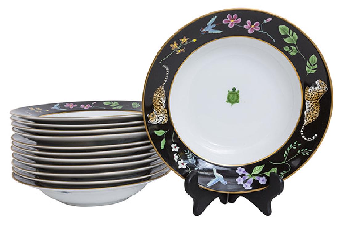 Lynn Chase "Jaguar Jungle" Soup Bowls: Set of 12 soup bowls. Manufacturer's marks to underside. 9 1/4 dia.