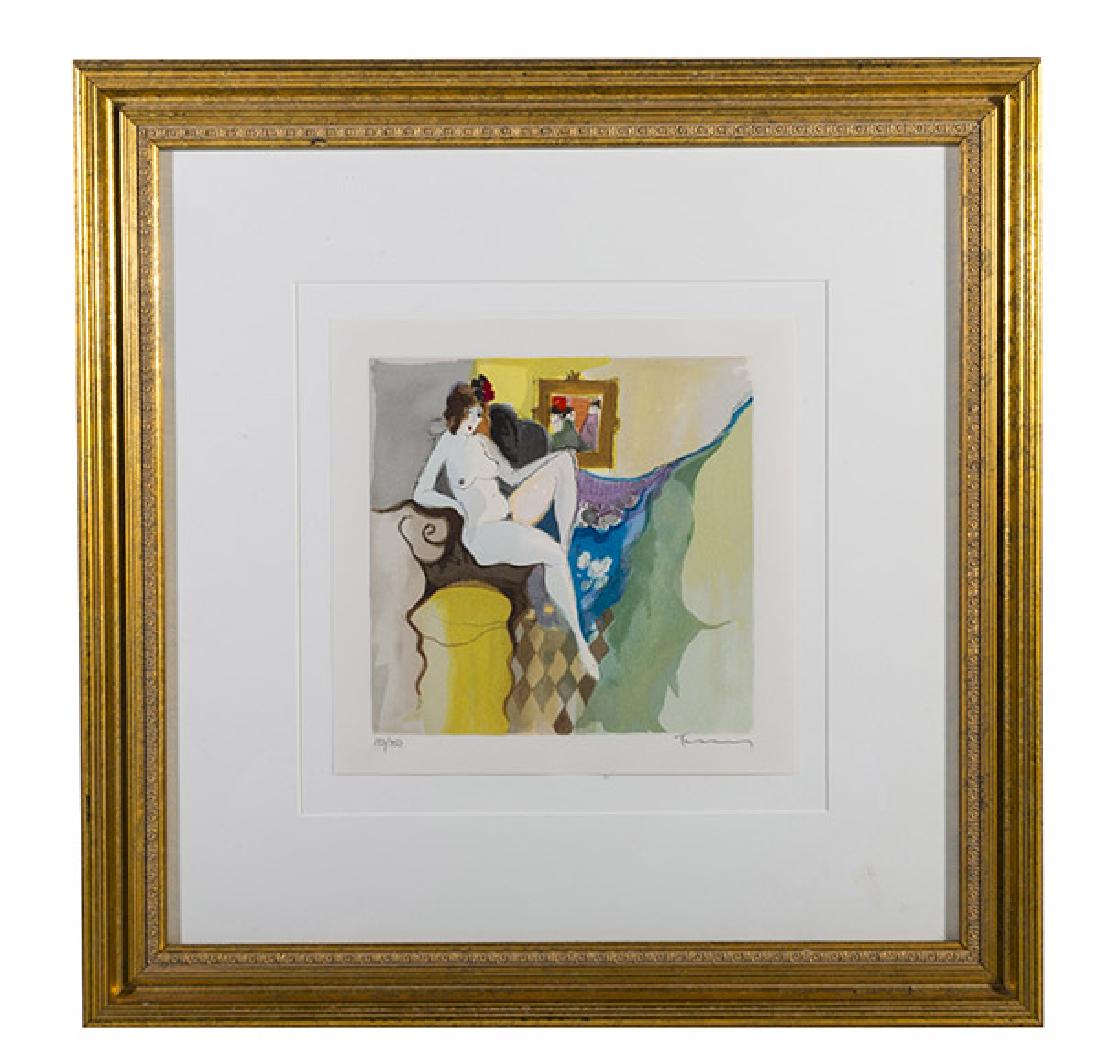 Itzchak Isaac Tarkay (1935-2012) Lithograph: Lithograph on paper. Nude on couch. Signed in pencil lower right and numbered 193/350 lower right. 11 1/8 x 11 1/2 image size, frame; 23 1/4 x 23 1/2.