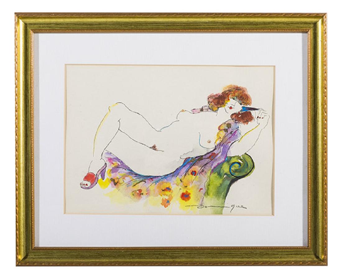 Nude Watercolor Signed Dominique: Watercolor on paper. Reclining nude on fainting sofa. Signed lower right. 7 1/2 x 10 1/4 sight, frame; 13 x 16.