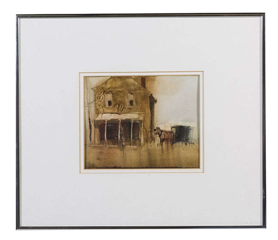 Roger Haas (20th Century) Watercolor (Tipp City, OH): Watercolor on paper. "Buggy by the Store". Signed. 5 5/8 x 6 7/8 sight, frame; 13 1/4 x 15 1/4.