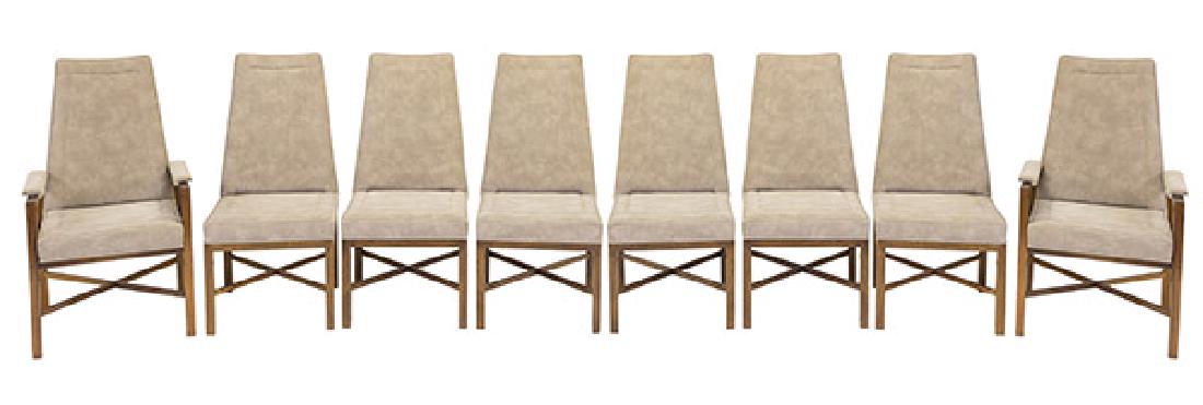 Roger Sprunger Dining Chairs: Dining chair, set of 8. Model 7113W & 7114W. Dunbar, USA. Manufacturer's label to underside. Rosewood and suede. 20 1/2w x 21d x 42h.