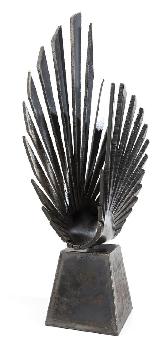 Boris Kramer (b 1969) Sculpture (Canada): Forged steel sculpture. "Eagle in Flight". Signature to base and dated 1990. Applied patina. 8w x 6 1/2d x 28 1/2h.