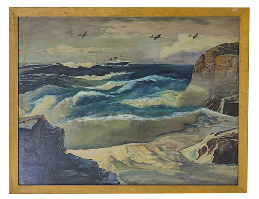 WPA Style Ship Painting: Oil on canvas. Signed Olga Bogres. Cruiser ship with planes overhead with rapid tide. Original untouched condition. 48 x 63 sight.