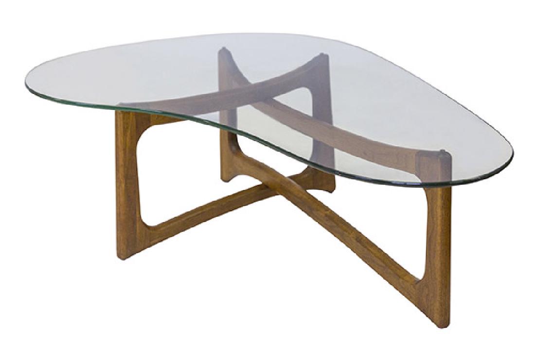Adrian Pearsall "Dog Bone" Coffee Table: Coffee table. Craft and Associates, USA. Glass and walnut. 50w x 33d x 15 1/2h.