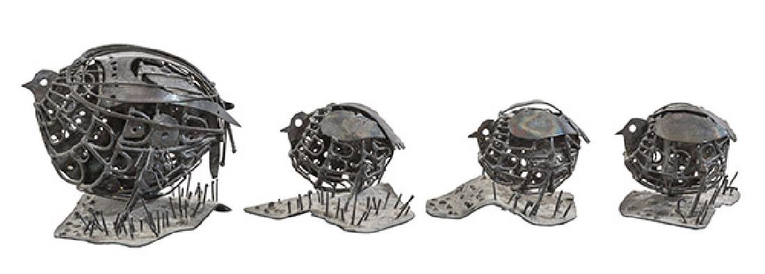 Bob Alexander Brutalist Bird Sculpture: Metal quail and brood. Metal. Signature to underside. Mother; 2 1/2w x 2 1/2d x 3 1/4h.