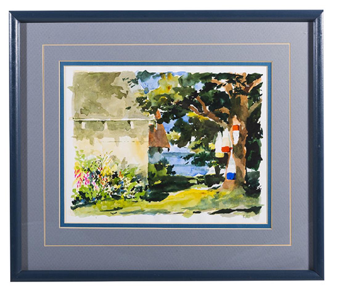 Charles Jolly (20th Century) Watercolor (Lexington, KY): Watercolor on paper. "Buoys in Dappled Yard". Signed lower right. 8 x 10 1/2 sight, frame; 14 x 17.