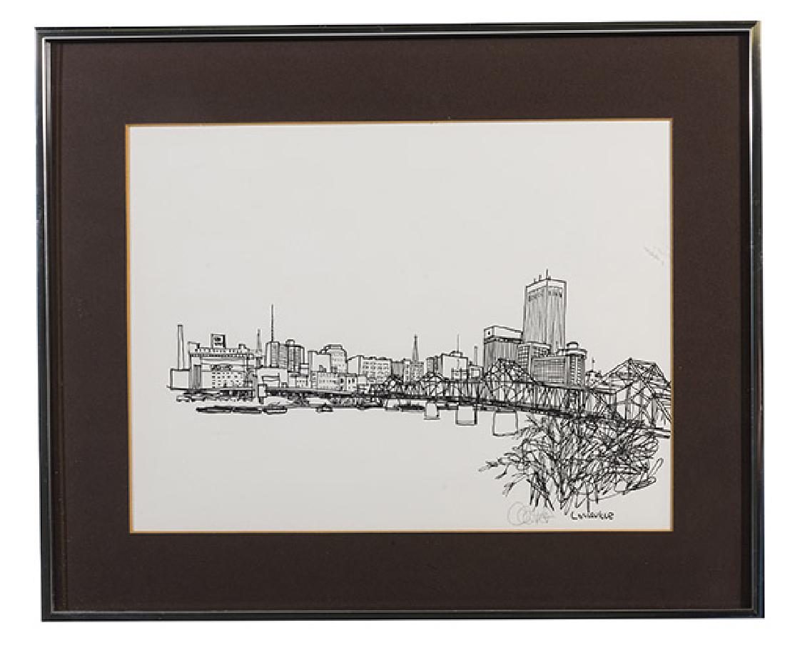 O. Colsort (20th/21st Century) Pen and Ink: Ink and pen on paper. "Louisville". Signed lower right. 9 1/2 x 13 1/2 sight, frame; 14 x 18.